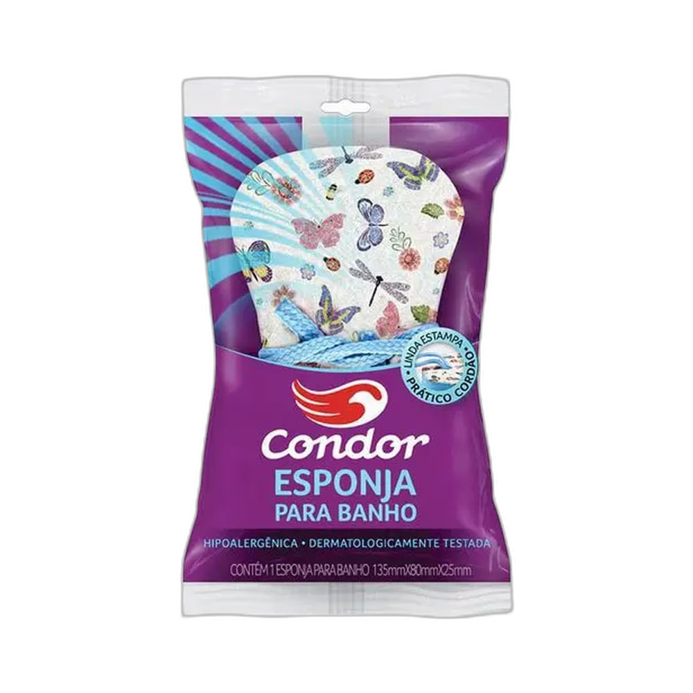 Esponja de Banho Condor com Cordão na embalagem roxa com detalhes em azul e branco